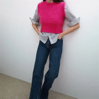 ZXQJ Femei 2021 Moda Trunchiate Cable-knit Vesta Pulover O Epocă fără Mâneci Gât de sex Feminin Vesta Chic Topuri