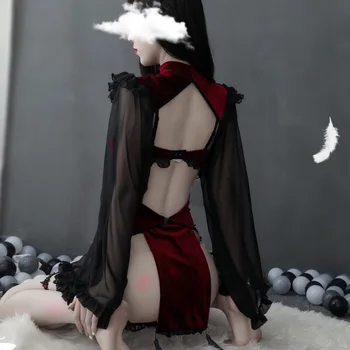 Retro Red Velvet Magia Neagră Costum De Luptă Punk Stil Gotic, Camerista Tentația Răului Demon Deschis Picioare Cosplay Lenjerie Sexy Backless