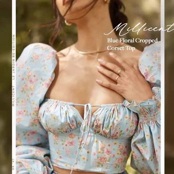 FAKUNTN franceză Felinar Vintage Bluze cu Maneca Camasi Femei Florale Imprimare de Moda de Top Femeie Bluze 2021 Pătrat Sexy Guler Camasi