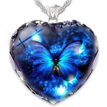 Inima în Formă de Sticlă de Cristal Mare Albastru Pandantiv Fluture Femei Colier Noua Moda de Metal Accesorii Drăguț Cadou pentru Petrecere