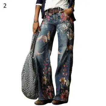 Femei Blugi Retro Cu Talie Înaltă Largi Picior De Imprimare Florale Timp Liber Blugi Pantaloni Pantaloni Femei Casual Vintage Denim Pantaloni Plus Dimensiune