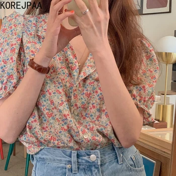 Korejpaa Femei Cămașă De Vară 2021 Coreean Chic Dulce Vârstă-Reducerea Florale Rever Single-Breasted Pierde Casual Manșon De Puf Bluze