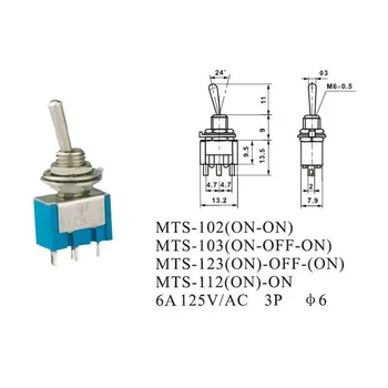 10buc/Lot MTS-103 AC 125V 6A 3 Pini Comutator basculant Toggle ON/OFF/PE SPDT