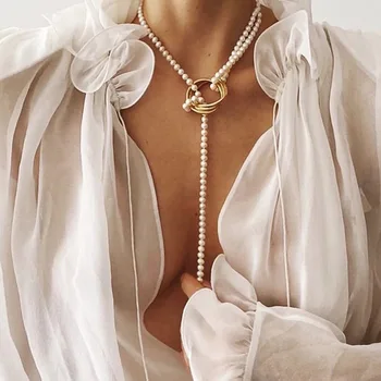 DIEZI Elegant Imitație Pearl Lanț Lung Coliere Geometrice Simple Cravată Coliere Femei Declarația Partidului Cadou Bijuterii de Moda