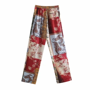 2021 Nouă Primăvară Femei Mozaic De Imprimare Satin Pantaloni Drepte Doamna Casual Pantaloni Largi P2017