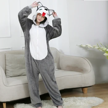 Flanel Animal Pijamale Câine Husky Kigurumi Body-Uri Pentru Adulți Femei Bărbați Desene Animate Cosplay Costum Cu Fermoar Fete Dintr-O Bucata Pijamas