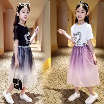 Adolescente Haine pentru Fete 8 12 Ani Vara Noi Sosiri de Bumbac T-Shirt+Gradient Fusta Cu Paiete Fete de Moda Tinutele
