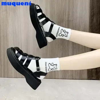 MUQUENI Pene Platforma Sandale din Piele Adevărată Mid Pantofi cu Toc T-Curea Rotund Toe Femeie Încălțăminte Catarama Sandale de Vara Negru Nou