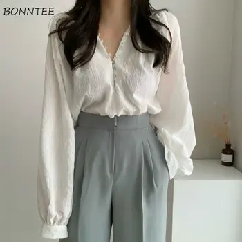 Bluze Femei Stil coreean Vrac Subțire de Agrement Trendy Toate-meci Haine Elevii Maneca Lunga Vara Nou Blusones Solid Simplu